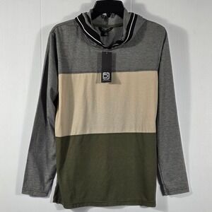 Distortion Mens Small Colorblock Hooded Long Sleeve T-Shirt Grey Tan Olive NWT
